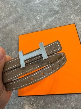 Hermes Focus Mini H 13Belt epsom etoupe white blanc Silver Hardware Reversible